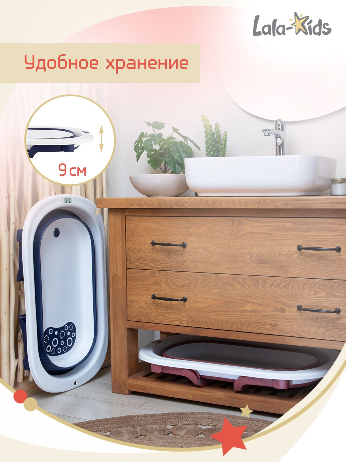 Ванночка для купания новорожденных складная с термометром (синяя) №6
