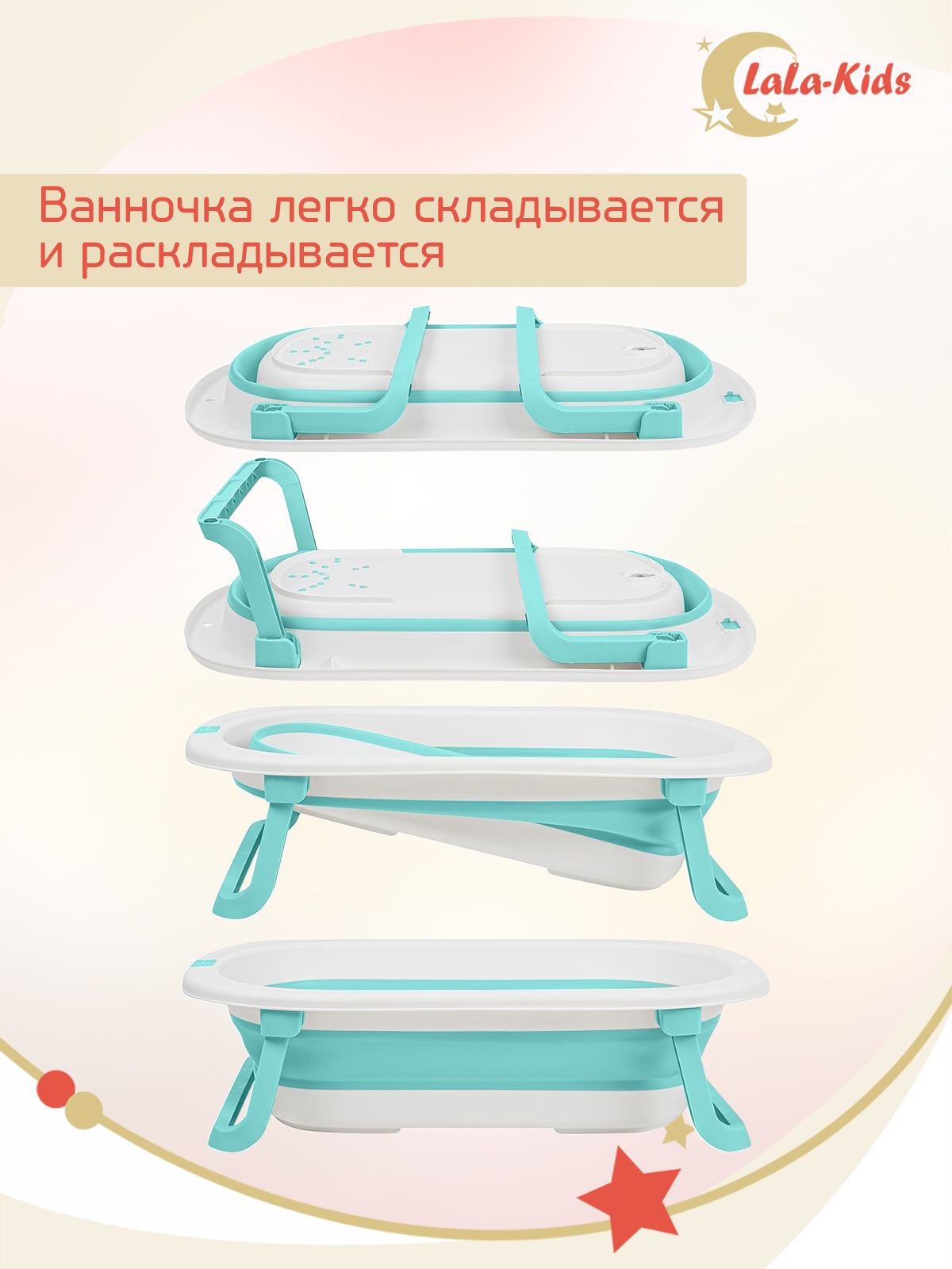 Ванночка для купания новорожденных складная с термометром (мятная) №6